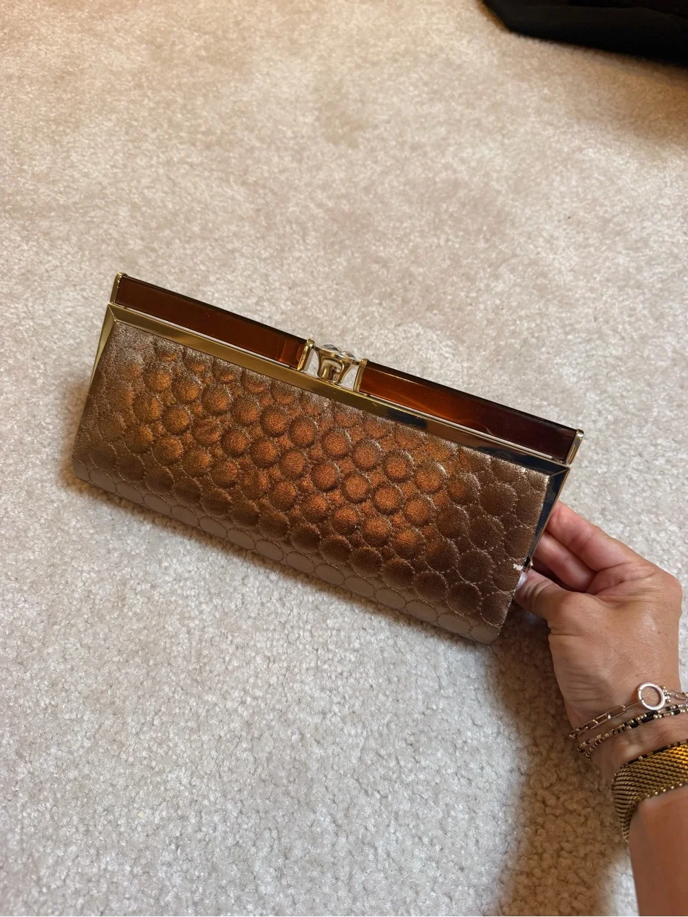 Kate Landry Metallic Bronze Women's Clutch Purse - Gold/Diamond Accents